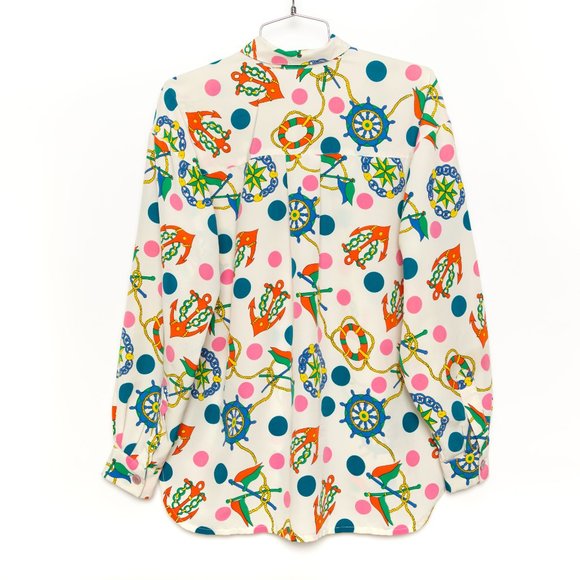 VTG Nautical Polka Dot Print Button Down - Picture 2 of 7